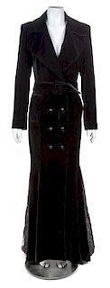 A Zang Toi Black Silk Velvet Floor Length Evening Coat Dress, Size 6.