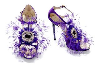 A Pair of Roger Vivier Purple Satin Feather Heels, Size 38.