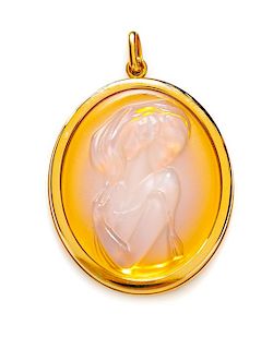 A Lalique Pink Opalescent Clemence Lady Cameo Pendant, 1.75" H x 1.5" W.