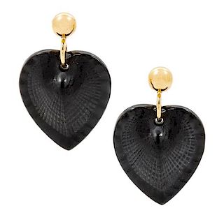 A Pair of Lalique Black Satin Finish Heart Earrings, 1" diameter.