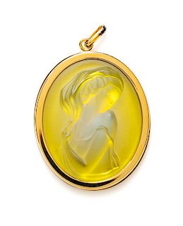 A Lalique Yellow Opalescent Clemence Lady Cameo Pendant, 1.75" H x 1.5" W.