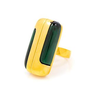 A Lanvin Green Lucite and Goldtone Rectangular Ring, Ring size: 6.5 -7; Rectangle: 1.25" x .5".