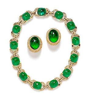 A Ciner Green Glass and Rhinestone Necklace and Earring Set, Necklace: 16" L x .5" W; Earrings: 1.25" H x 1" W.