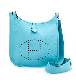 An Hermès Turquoise Evelyne III PM Bag, 12.75" H x 11.25" W x 3.25" D; Strap drop: 24.5"- 27.75".