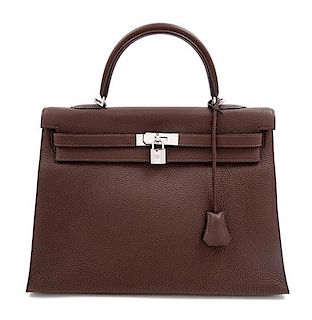 An Hermès Brown Togo 36cm Kelly, 10" H x 14" W x 5" D; Handle drop: 3.5".