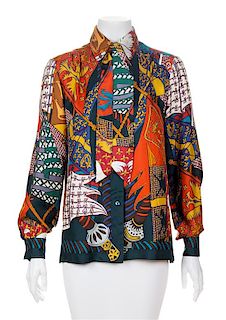 An Hermès Vintage Multicolor Silk Blouse, Shirt size 38; Twilly size 46" x 2.25".