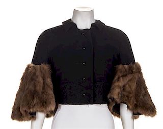 A Rochas Black Wool Capelet with Sable Trim, Size 42.
