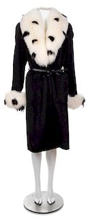 An Escada Black Wool Fox Trim Coat, Size 36; Self-tie belt: 58.25" L x .5" W.