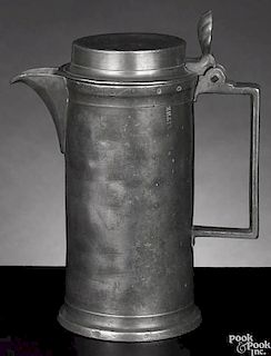 Belgian pewter spouted measure, 19th c., the cylindrical body of one-liter capacity