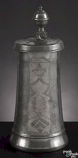 German pewter wine flagon or Deckelkanne, 18th c., the tapering body with floral wrigglework