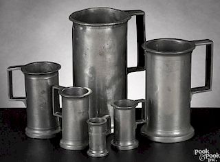 Six-piece set of French pewter metric measures, 19th c., of cylindrical-form