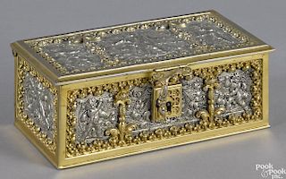 Continental gilt bronze dresser box, ca. 1900, with relief panels of putti, 3'' h., 8'' w.