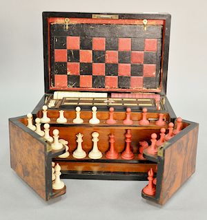 Burlwood traveling game box with bone chess, checkers, dominoes, cribbage, cards, and horse race. ht. 6 1/4 in., wd. 13 in.