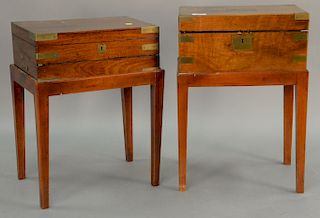 Two brass bound lap desks on stands. ht. 19 in., top: 9 1/2" x 14" and ht. 20 in., top: 9 1/4" x 13 1/2"