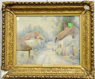 Attributed to Dwight Williams (1856-1932), watercolor, path between cottages, unsigned, 12" x 15"