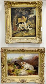 Two 19th century oil on canvas paintings of dogs, Fox Hole and After the Hunt, 10" x 13" and 12" x 10".