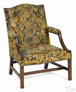 George III mahogany open armchair, ca. 1770, with early tapestry upholstery.
