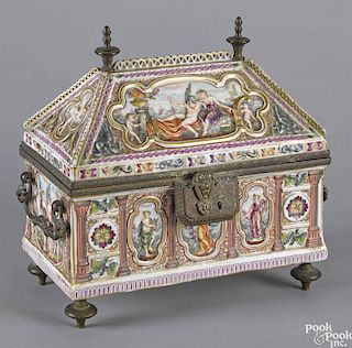 Capodimonte porcelain jewelry casket, late 19th c., with relief figural decoration