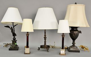 Five table lamps to include a pair of boudoir lamps, bronze urn lamp, bronze candlestick lamp, and bronze winged figure made into a ...
