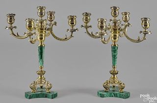 Pair of Italian 925 silver gilt and malachite veneer candelabra, 20th c., with swan-form branches