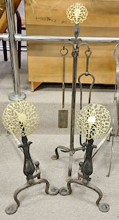 Andirons and tools, brass and iron. andiron ht. 27 in.