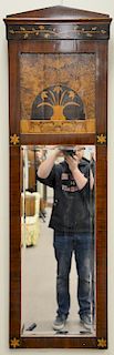 Mahogany trumeau two-part mirror with inlaid top panel, height 60 inches.