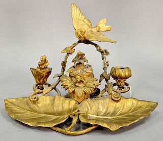Victorian bronze inkwell desk set having flying bird pen holder over flower form inkwell and leaf form dishes. ht. 9 in., wd. 14 1/2...