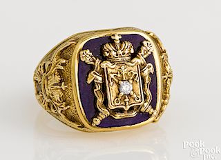 14K yellow gold diamond coat of arms ring