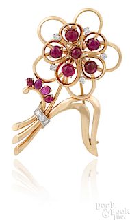 14K yellow gold ruby and diamond flower pin