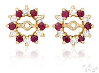 Pair of 14K yellow gold diamond and ruby earring jackets