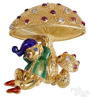 18K yellow gold whimsical mouse and mushroom pin