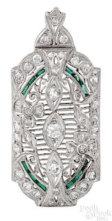 Platinum Art Deco diamond emerald brooch pendant