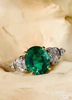 Platinum and 18K yellow gold emerald diamond ring