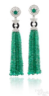18K gold diamond, emerald and onyx tassel earrings