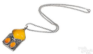 Sterling silver amber triptych pendant