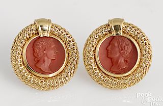 Pair of 14K yellow gold carnelian earrings