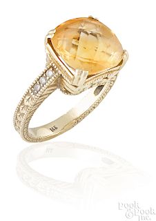 14K yellow gold citrine and diamond ring