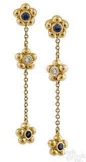 Pair of 18K gold sapphire and diamond earrings