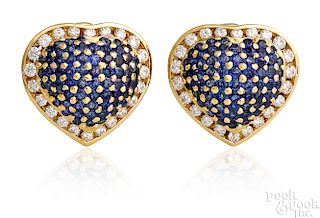 Pair of 18K gold sapphire diamond heart earrings