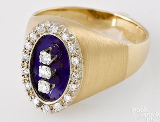 18K yellow gold diamond ring with blue enamel