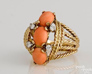 14K yellow gold diamond and angel skin coral ring