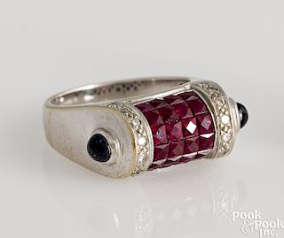 18K white gold ruby, diamond and sapphire ring