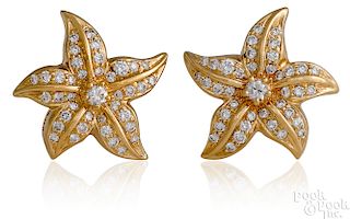 Pair of 14K yellow gold diamond starfish earrings