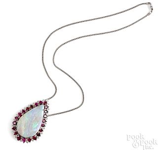 14K white gold opal, ruby and diamond necklace