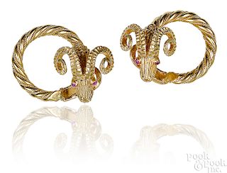Pair of 18K yellow gold ram's head earrings