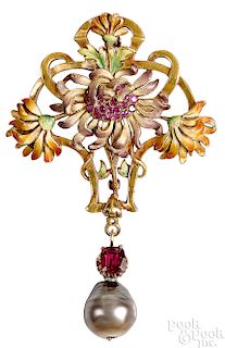22K gold Art Nouveau enamel floral brooch