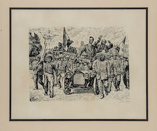 Méndez, Leopoldo. La Entrada de Francisco I. Madero en la Ciudad de México. México, ca. 1945.  Linóleo 34.5 x 47 cm. Enmarcado.