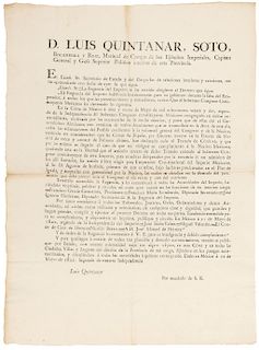Quintanar Soto, Luis. Bando Declarando Nulo el Tratado de Córdova, Eligiendo como Emperador a Iturbide. México, 1822. 43 x 31 cm.