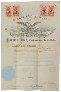 Díaz, Porfirio. Nombramiento para Coronel de Infantería Permanente para Luis Legorreta. México, Agosto 13 de 1880. Firmado.
