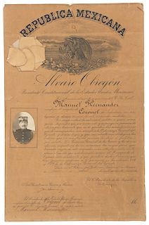 Obregón, Álvaro. Nombramiento de Coronel en Favor de Manuel Hernández. México, 1922. Firmas de Álvaro Obregón y Francisco Serrano.